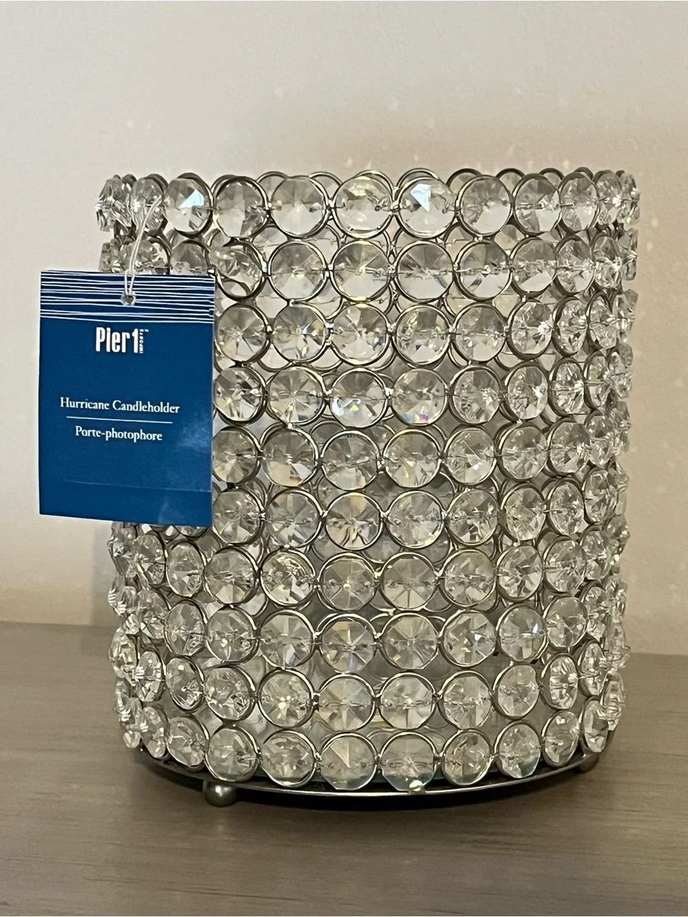 Pier 1 Crystal Jeweled Hurricane Candle Holder NWT Silver Glam Decor